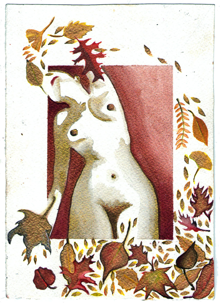 Leaf Lady Autumn, 5x7 2018 <br>watercolor, ink on paper